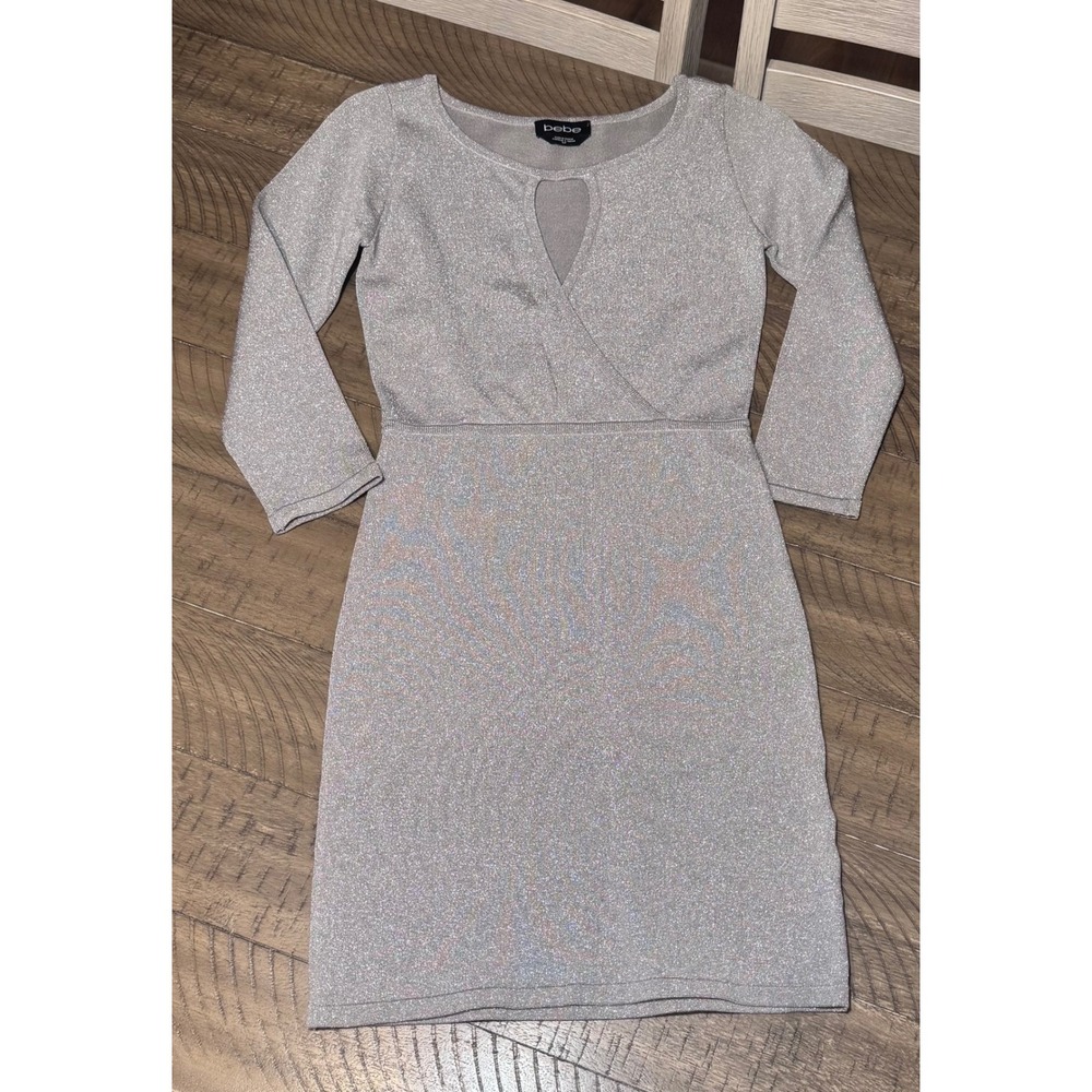 Bebe Womens Silver Metallic Knit Keyhole Surplice Bodycon Mini Dress Small